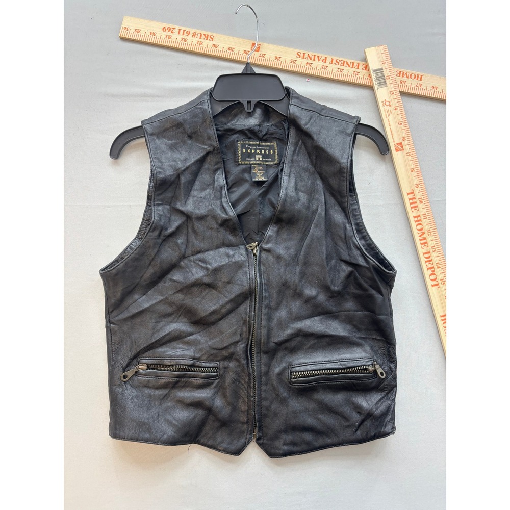 Vintage Express Compagnie Internationale Black Genuine Leather Zip Up Vest Small